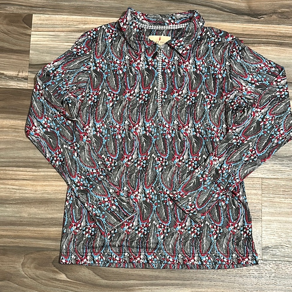 Sport Haley Women's Golf long sleeve, 1/4 zip Black Red Blue Feathers Sz Small